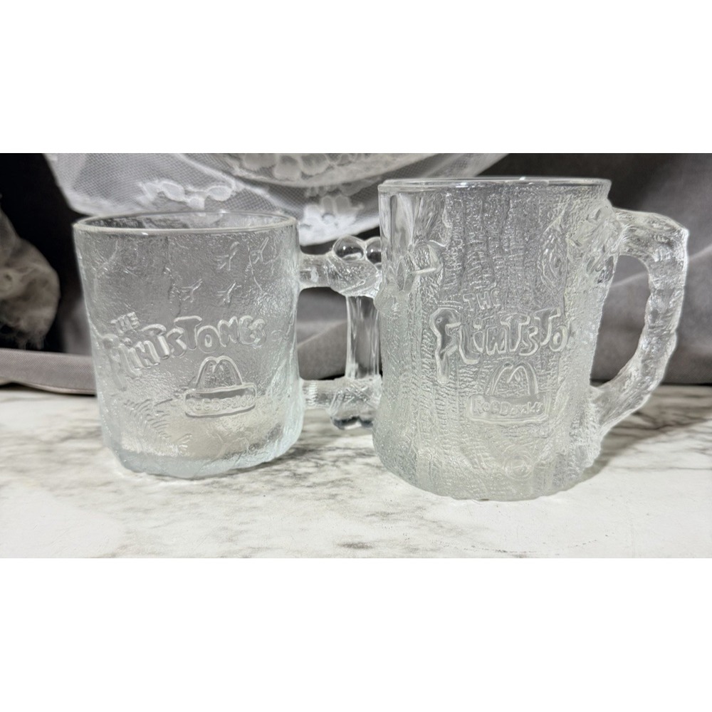 2~ The Flintstones Coffee Mug Cup McDonald's 1993 Promo Clear USA/France (3262)